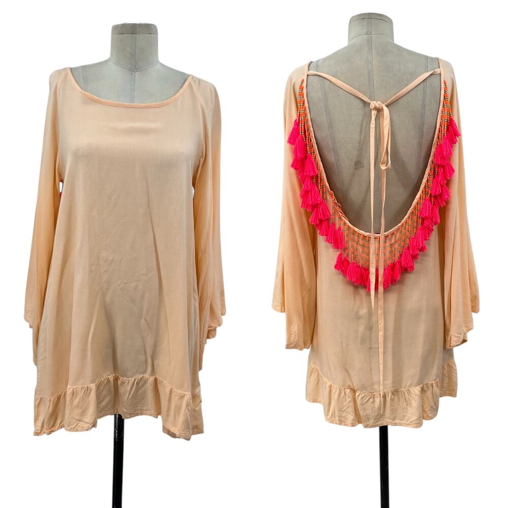 Sundress Indiana Dress Tunic Beach Tasseled Beaded Peach Neon‎ Pink Size XS - Picture 2 of 13